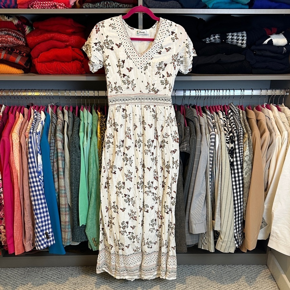 Lapogee white/pink floral shirt sleeve lined elastic waistband maxi dress size S